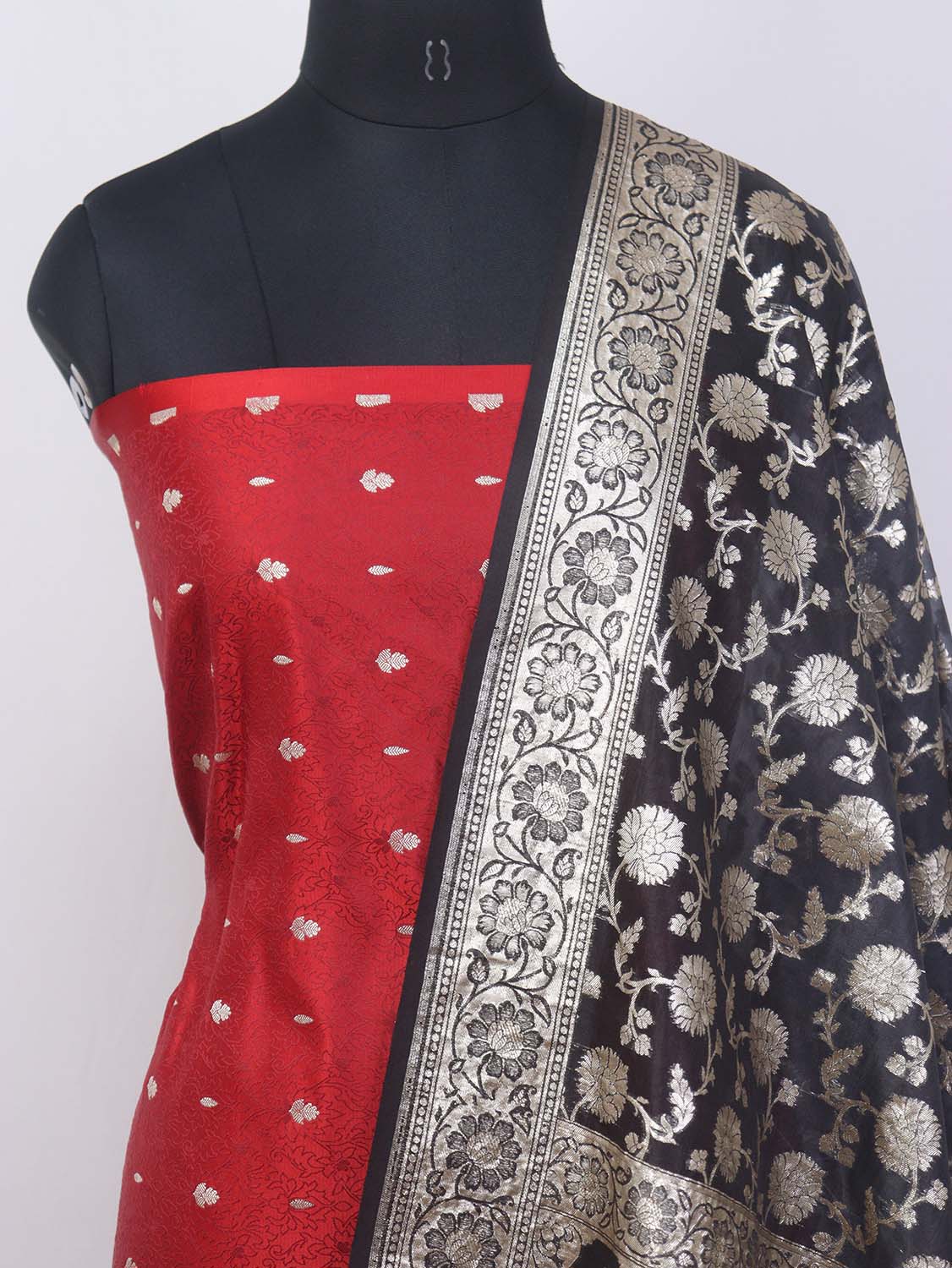 Red Banarasi Tanchui Silk Suit With Grey Banarasi Organza Dupatta - Luxurion World
