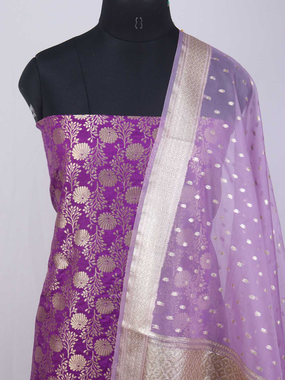 Purple Banarasi Silk Suit With Purple Banarasi Organza Dupatta - Luxurion World