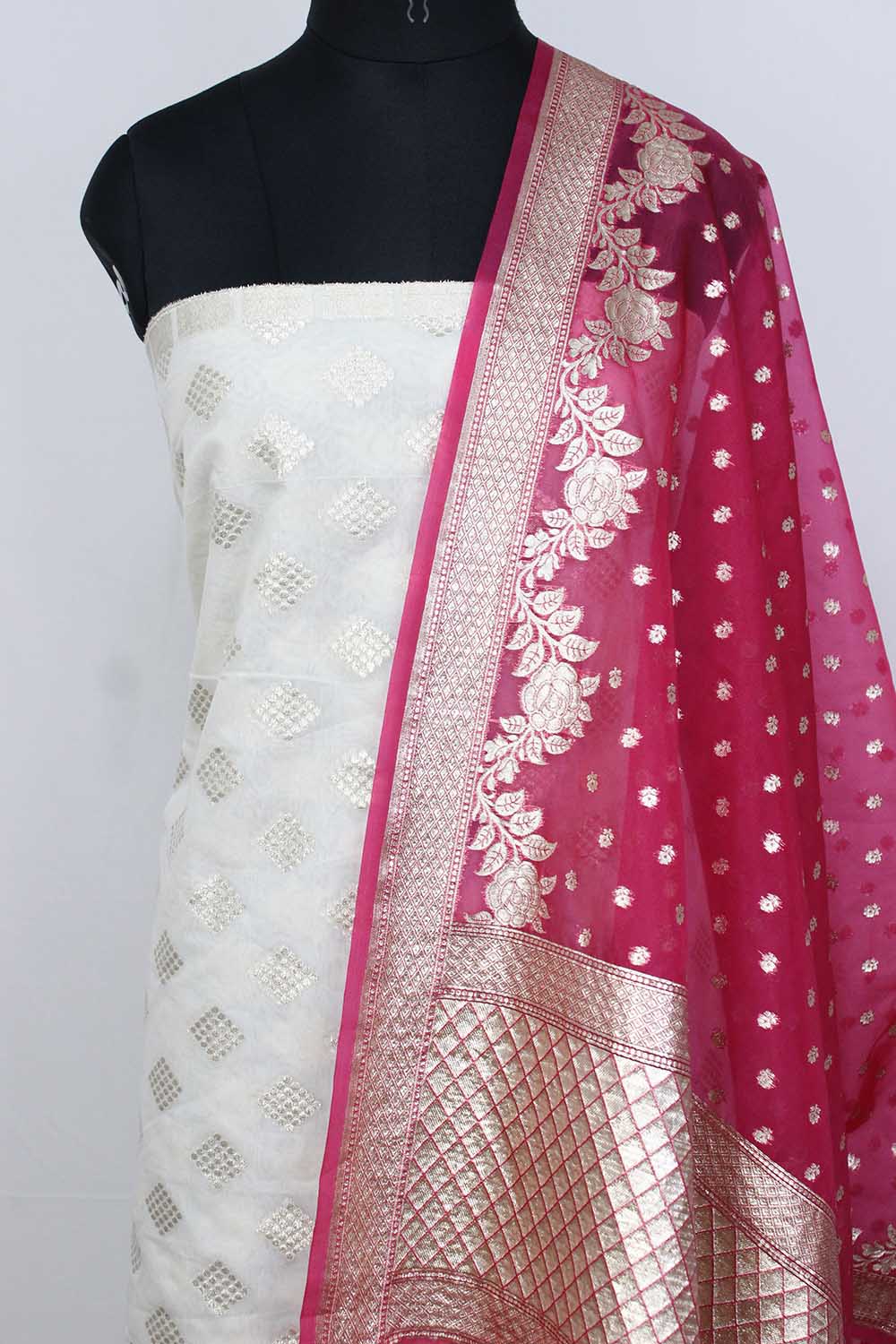 Dyeable Banarasi Cotton Silk Suit With Pink Banarasi Organza Dupatta - Luxurion World