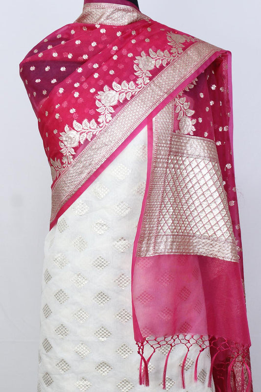 Dyeable Banarasi Cotton Silk Suit With Pink Banarasi Organza Dupatta - Luxurion World