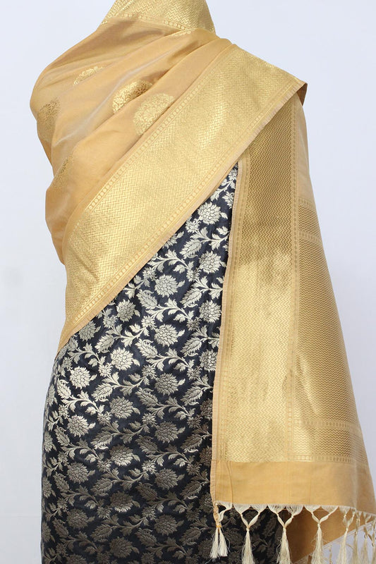 Black Banarasi Silk Suit With Cream Banarasi Silk Dupatta - Luxurion World