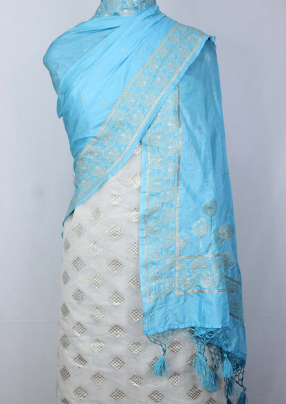 Dyeable Banarasi Cotton Silk Suit With Blue Banarasi Silk Dupatta - Luxurion World