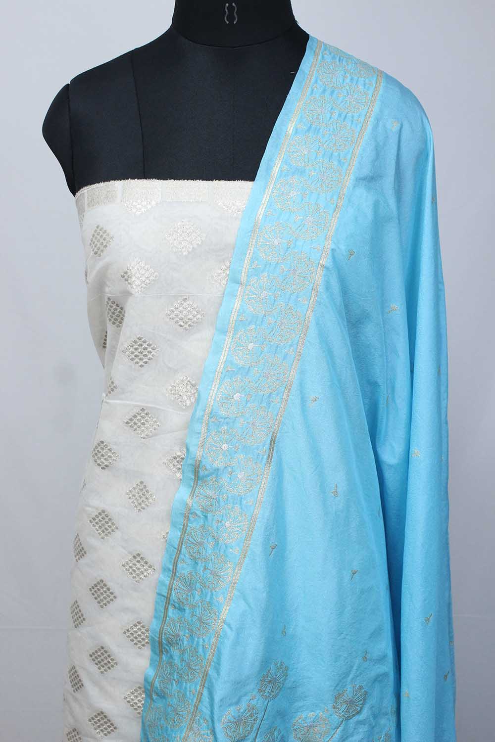 Dyeable Banarasi Cotton Silk Suit With Blue Banarasi Silk Dupatta - Luxurion World