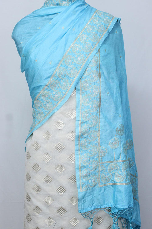 Dyeable Banarasi Cotton Silk Suit With Blue Banarasi Silk Dupatta - Luxurion World