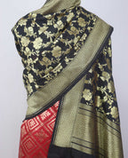 Red Banarasi Tanchui Silk Suit With Black Banarasi Silk Dupatta - Luxurion World
