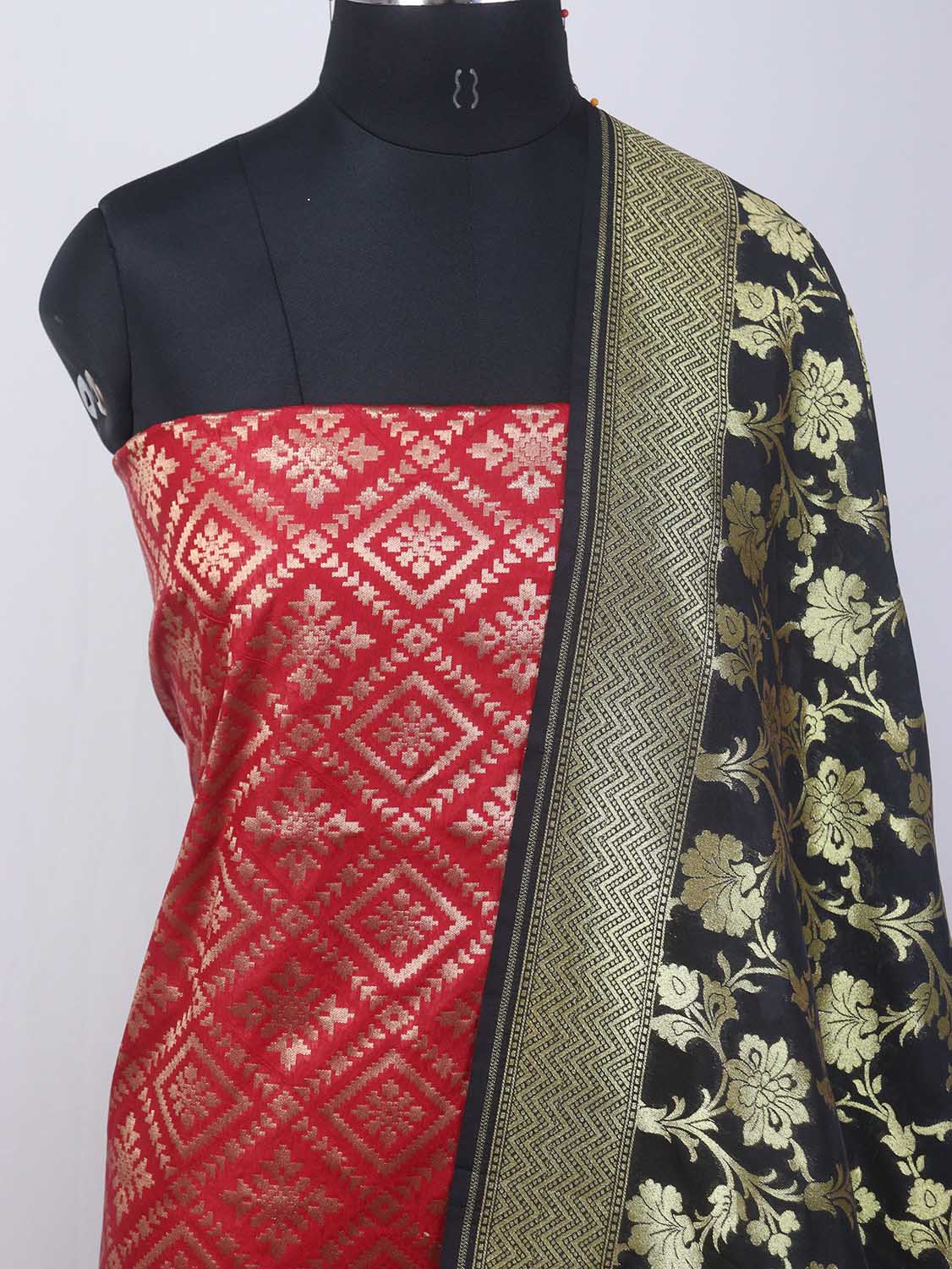 Red Banarasi Tanchui Silk Suit With Black Banarasi Silk Dupatta - Luxurion World