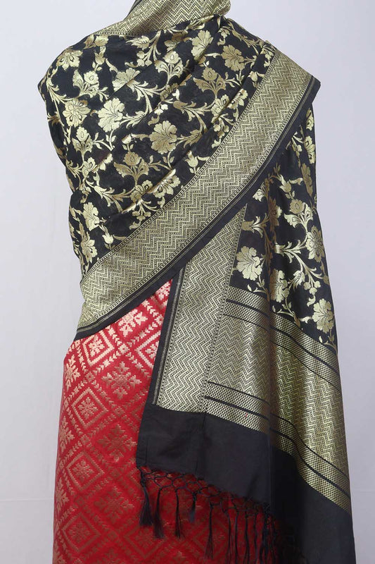 Red Banarasi Tanchui Silk Suit With Black Banarasi Silk Dupatta