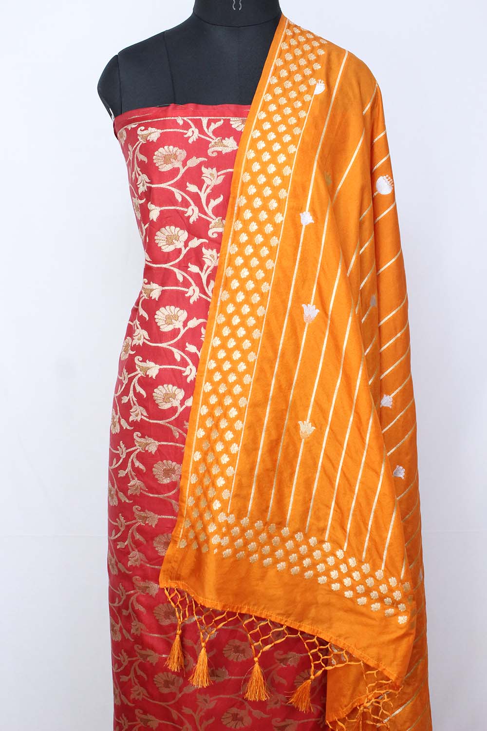 Red Banarasi Silk Suit With Orange Banarasi Silk Dupatta - Luxurion World