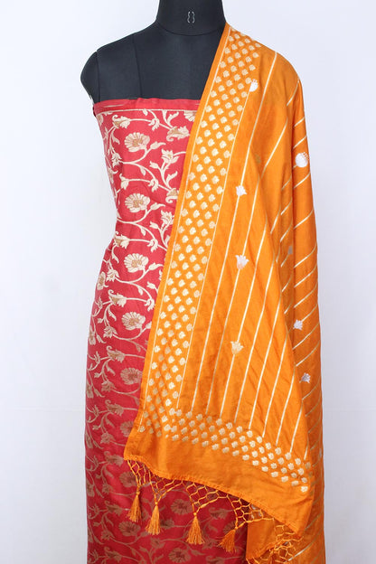 Red Banarasi Silk Suit With Orange Banarasi Silk Dupatta - Luxurion World