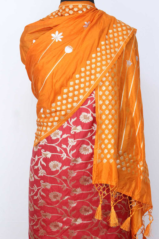 Red Banarasi Silk Suit With Orange Banarasi Silk Dupatta