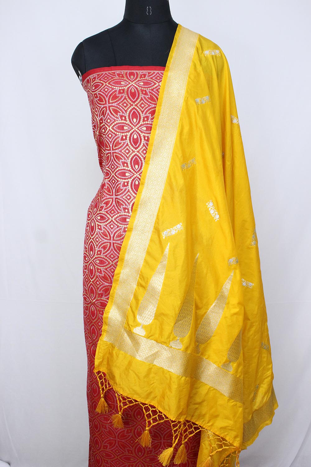 Red Banarasi Silk Suit With Yellow Banarasi Silk Dupatta - Luxurion World