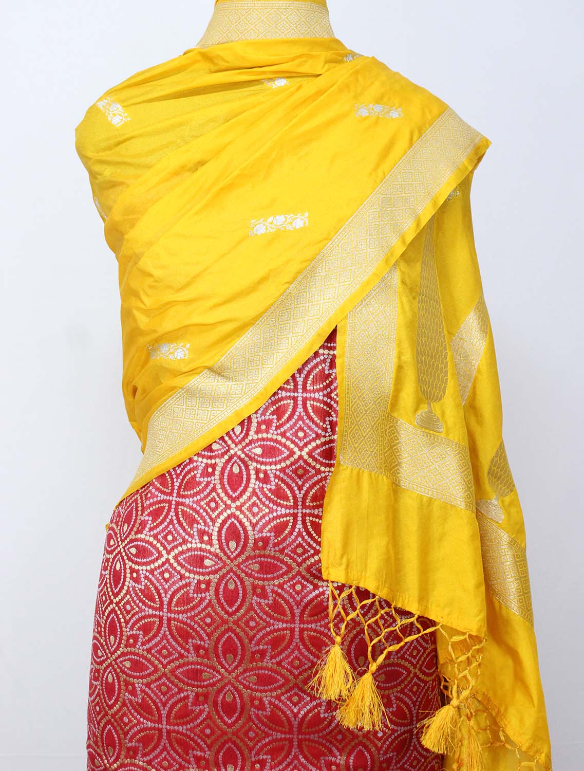 Red Banarasi Silk Suit With Yellow Banarasi Silk Dupatta - Luxurion World