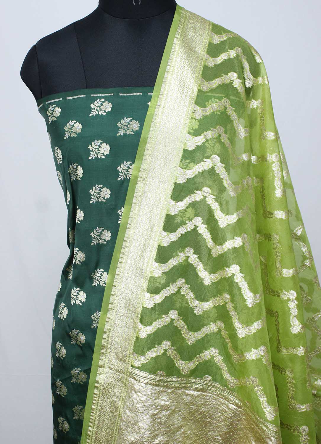 Green Banarasi Silk Suit With Green Banarasi Organza Dupatta - Luxurion World