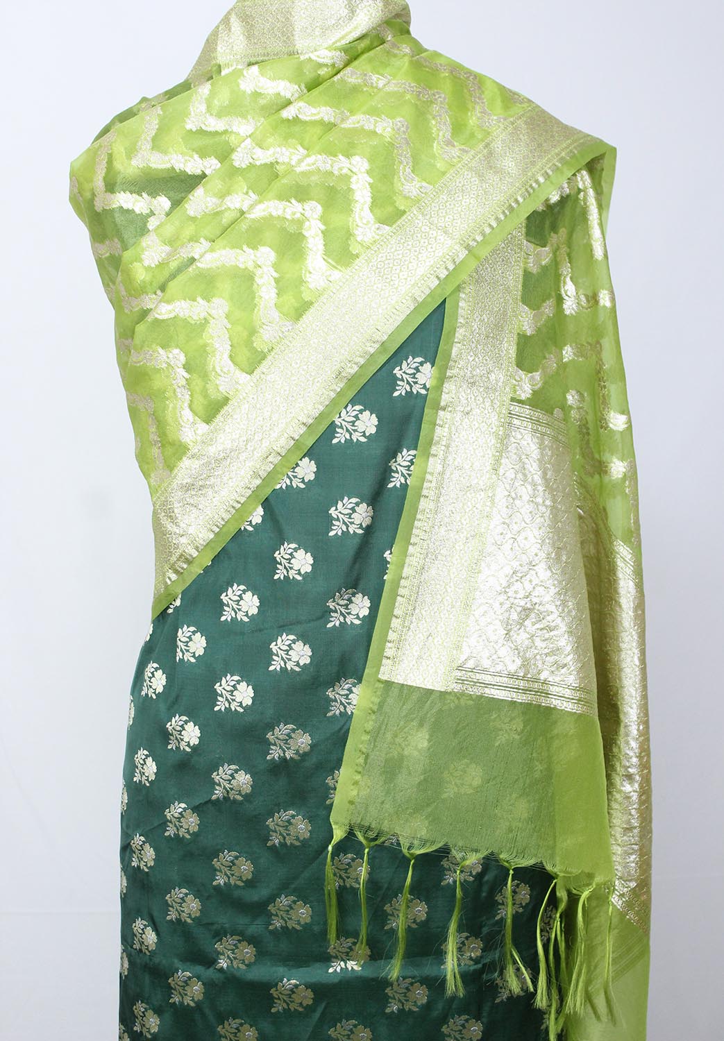 Green Banarasi Silk Suit With Green Banarasi Organza Dupatta - Luxurion World