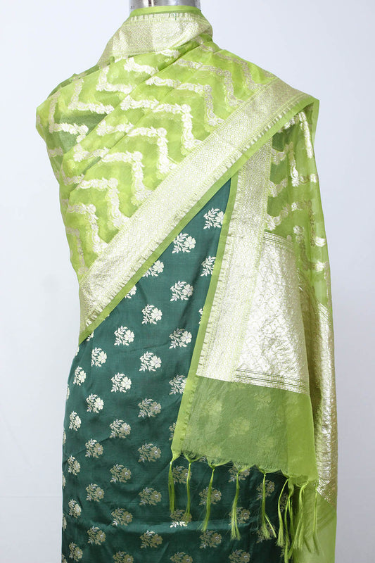 Green Banarasi Silk Suit With Green Banarasi Organza Dupatta - Luxurion World
