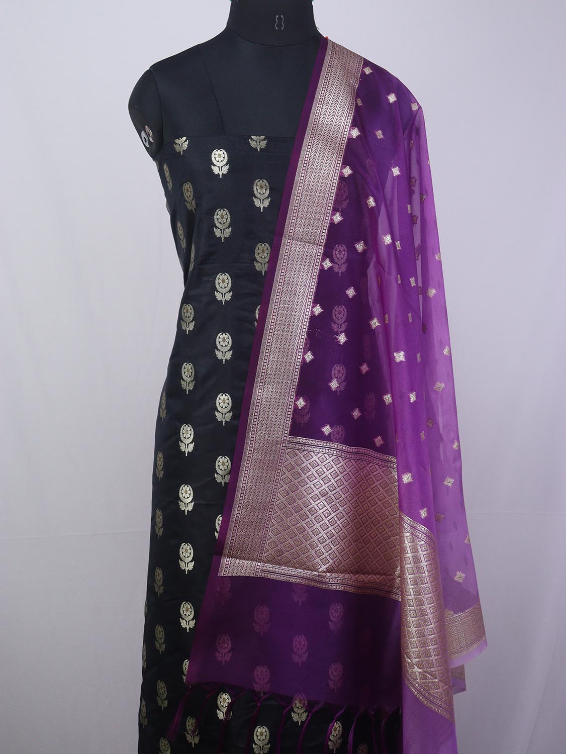 Black Banarasi Silk Suit With Purple Banarasi Organza Dupatta