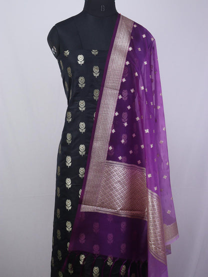 Black Banarasi Silk Suit With Purple Banarasi Organza Dupatta - Luxurion World