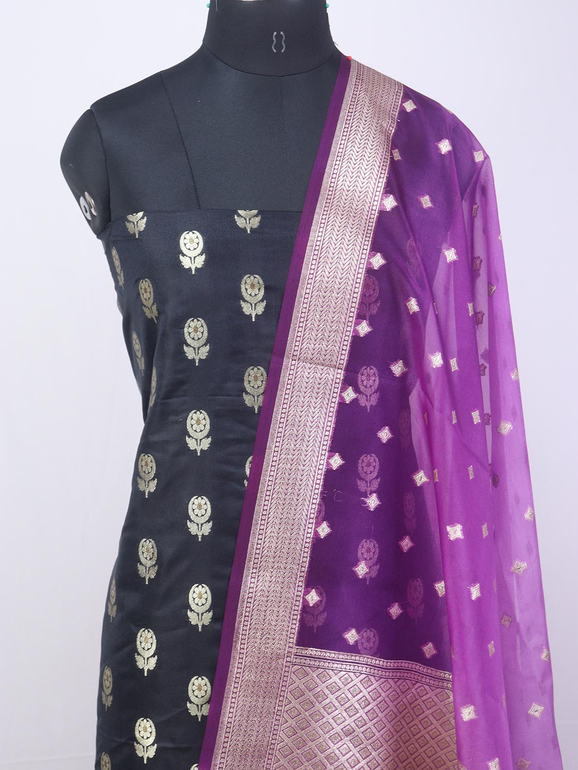 Black Banarasi Silk Suit With Purple Banarasi Organza Dupatta - Luxurion World