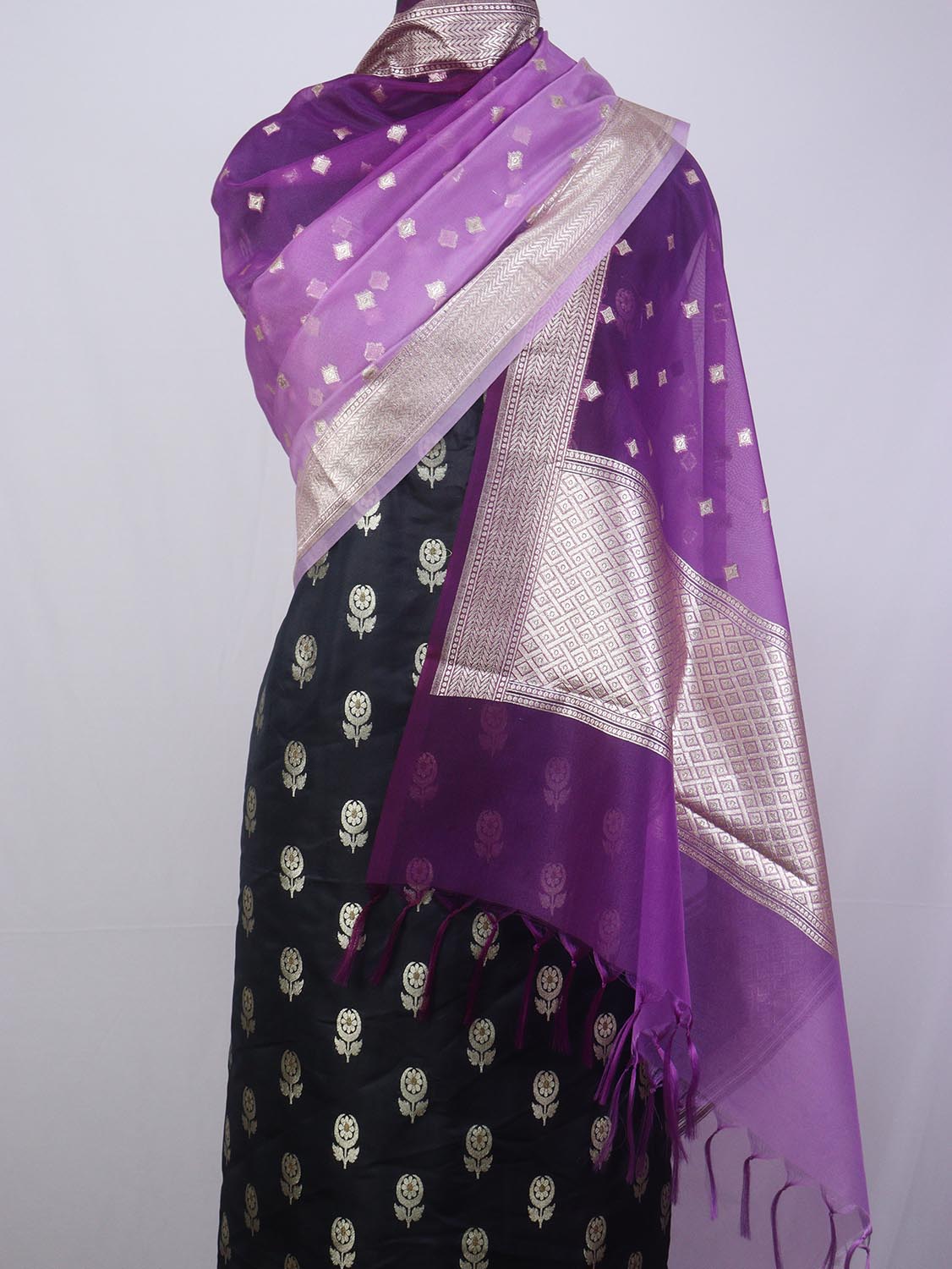 Black Banarasi Silk Suit With Purple Banarasi Organza Dupatta - Luxurion World