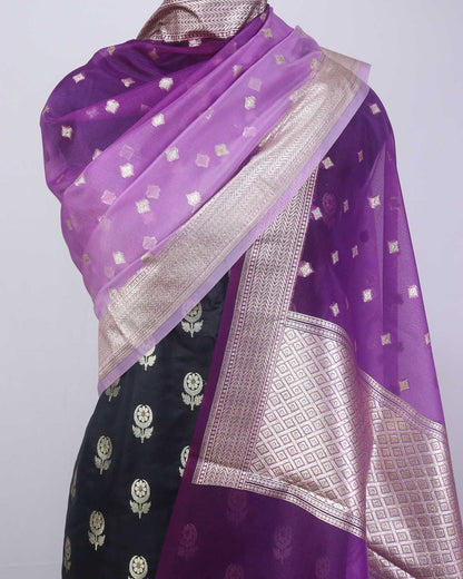 Black Banarasi Silk Suit With Purple Banarasi Organza Dupatta - Luxurion World