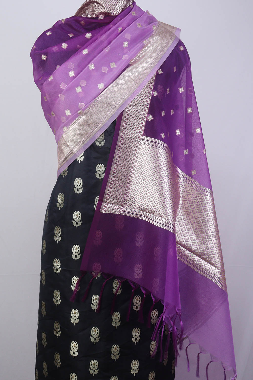 Black Banarasi Silk Suit With Purple Banarasi Organza Dupatta