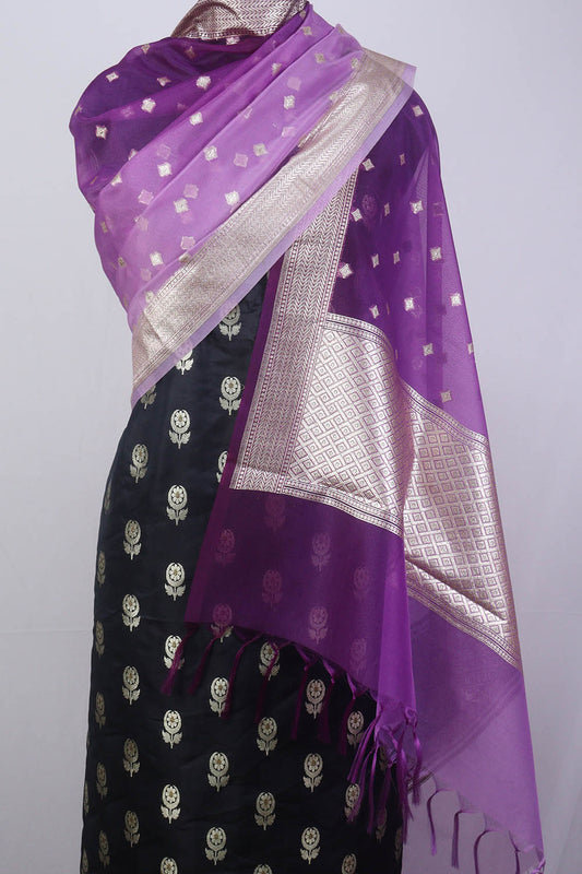 Black Banarasi Silk Suit With Purple Banarasi Organza Dupatta - Luxurion World