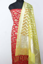 Red Banarasi Silk Suit With Yellow Banarasi Organza Dupatta - Luxurion World