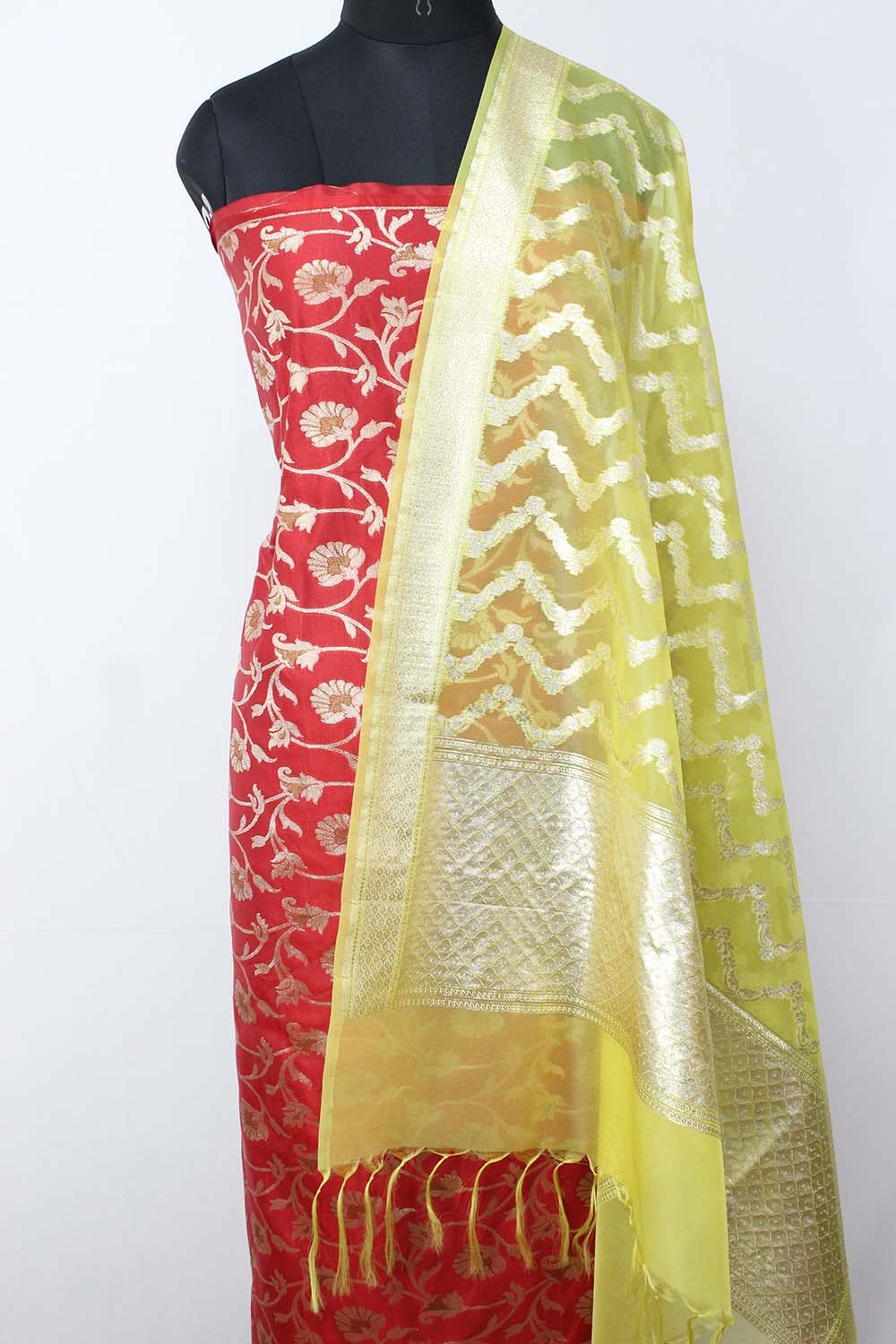 Red Banarasi Silk Suit With Yellow Banarasi Organza Dupatta - Luxurion World