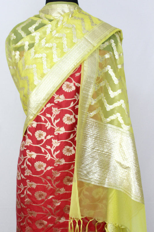 Red Banarasi Silk Suit With Yellow Banarasi Organza Dupatta - Luxurion World