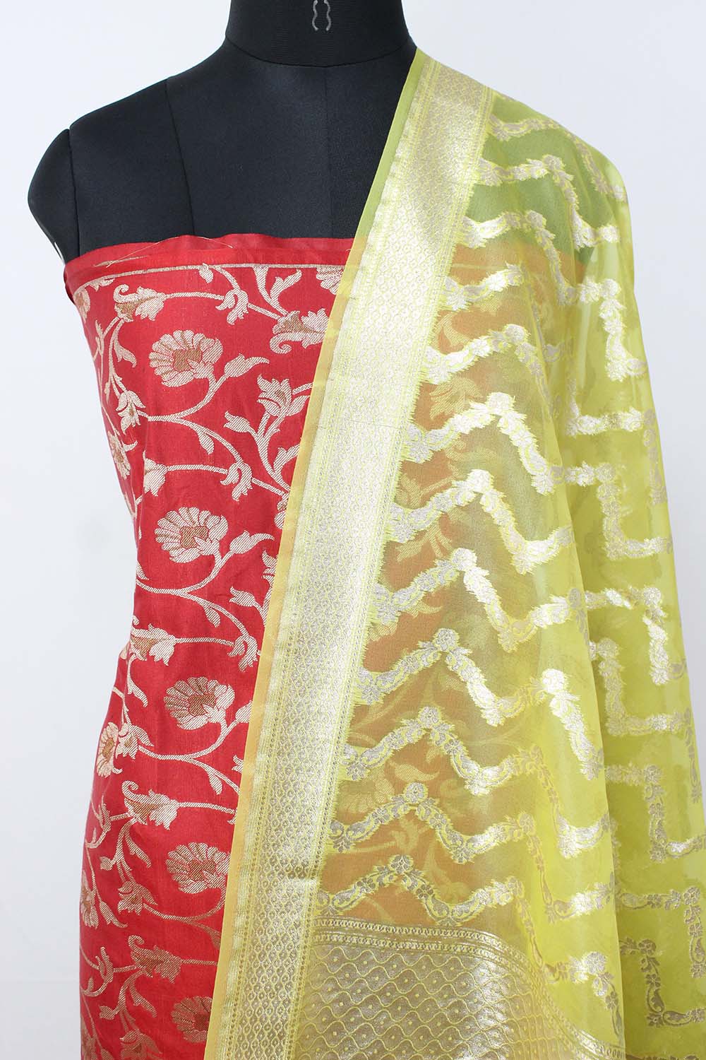 Red Banarasi Silk Suit With Yellow Banarasi Organza Dupatta - Luxurion World