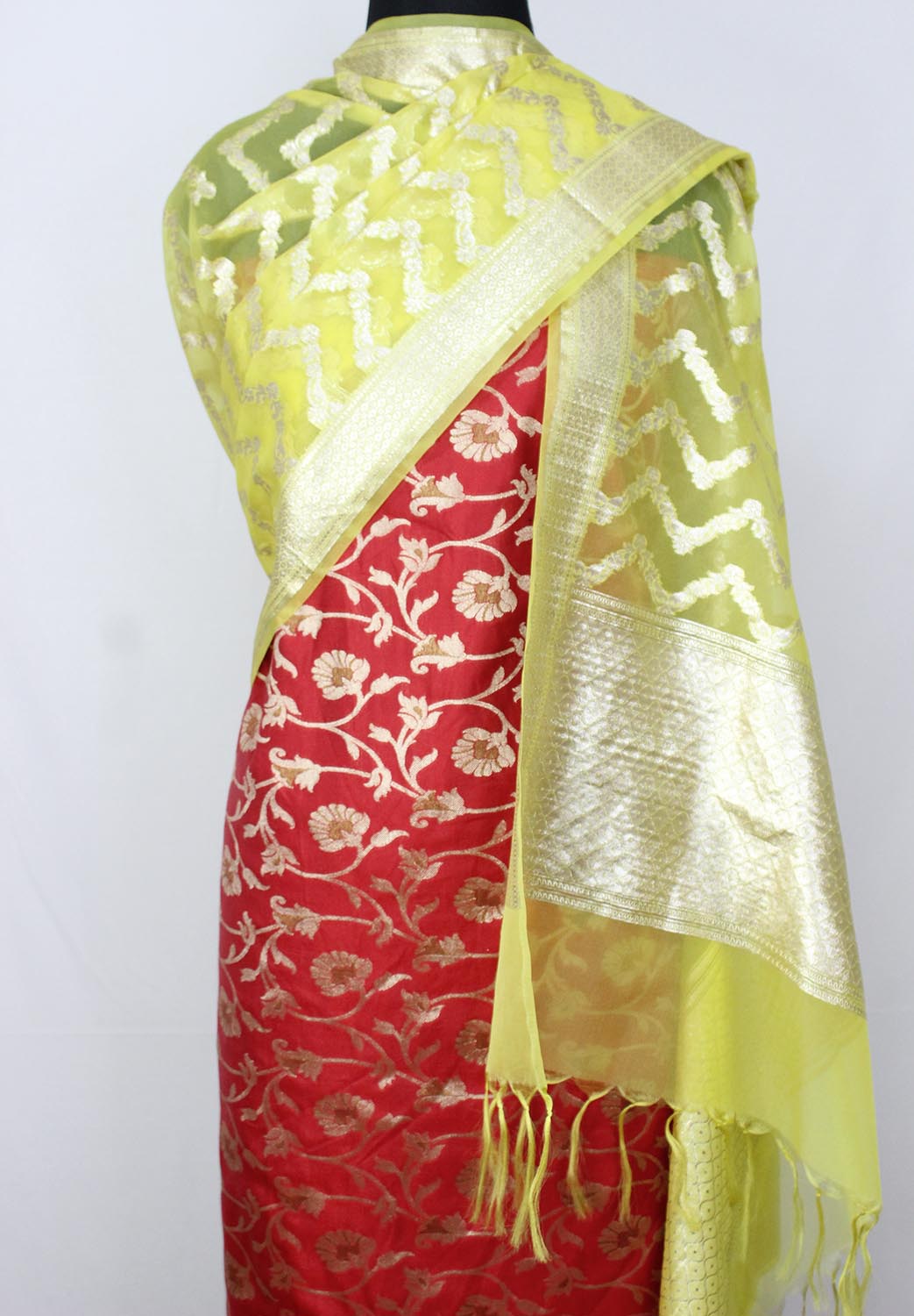 Red Banarasi Silk Suit With Yellow Banarasi Organza Dupatta - Luxurion World