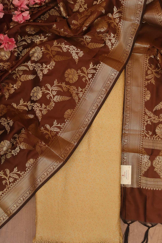 Cream Banarasi Silk Brocade Suit With Brown Banarasi Silk Dupatta - Luxurion World