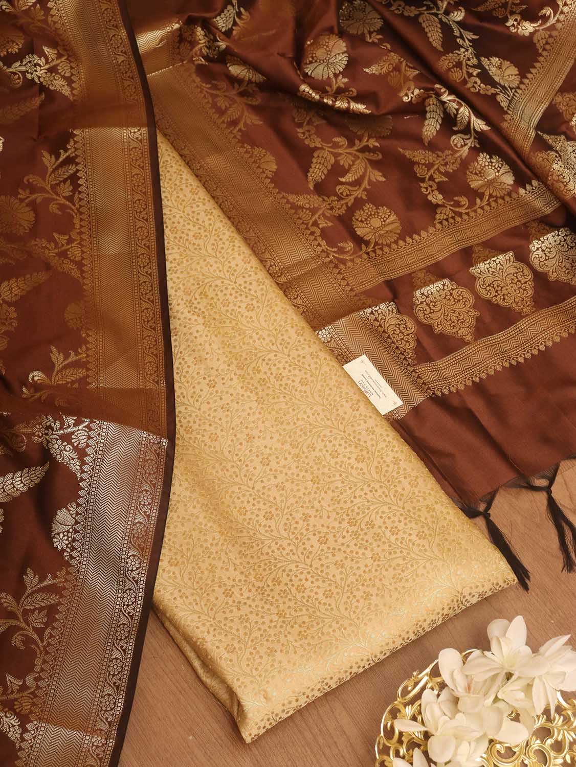 Cream Banarasi Silk Brocade Suit With Brown Banarasi Silk Dupatta - Luxurion World