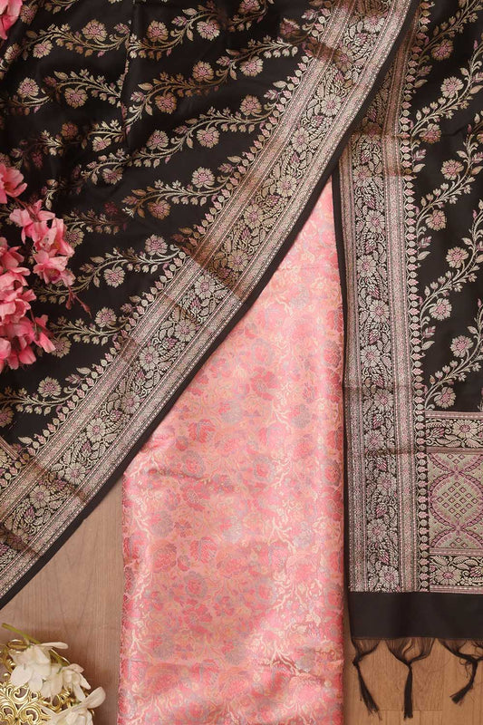Pink Banarasi Silk Tanchui Jamawar Suit With Black Banarasi Silk Meenakari Dupatta - Luxurion World