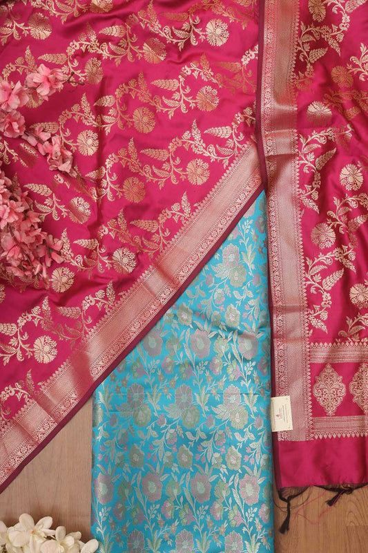 Blue Banarasi Silk Tanchui Jamawar Suit With Pink Banarasi Silk Dupatta - Luxurion World