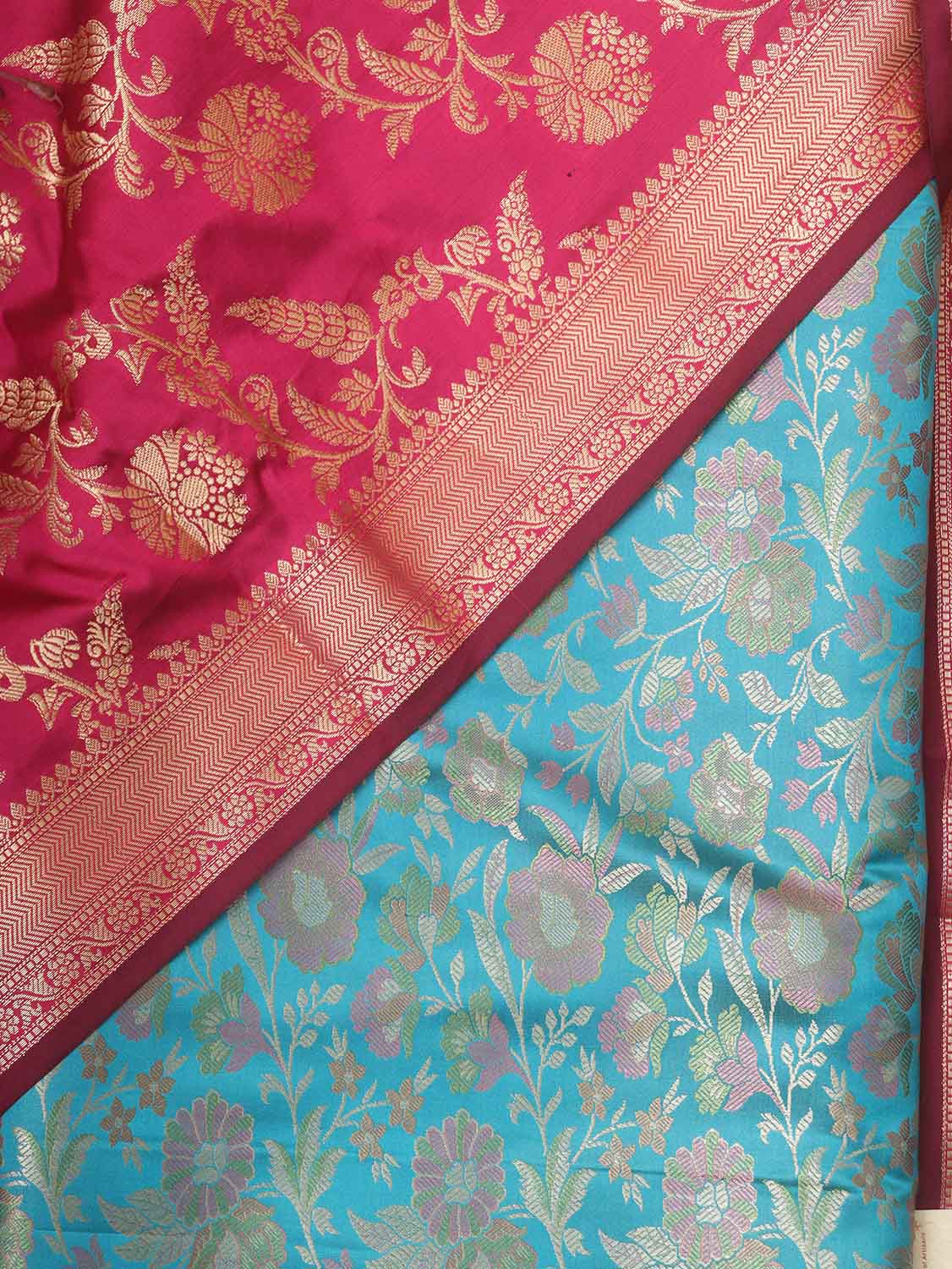 Blue Banarasi Silk Tanchui Jamawar Suit With Pink Banarasi Silk Dupatta - Luxurion World