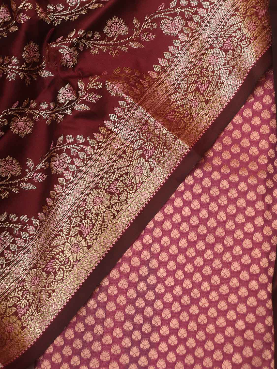 Purple Banarasi Silk Suit With Maroon Banarasi Silk Meenakari Dupatta - Luxurion World