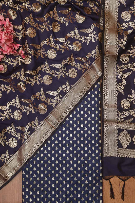 Blue Banarasi Silk Zari Booti Design Suit With Blue Banarasi Silk Dupatta