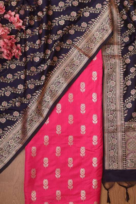 Pink Banarasi Silk Suit With Blue Banarasi Silk Meenakari Dupatta - Luxurion World