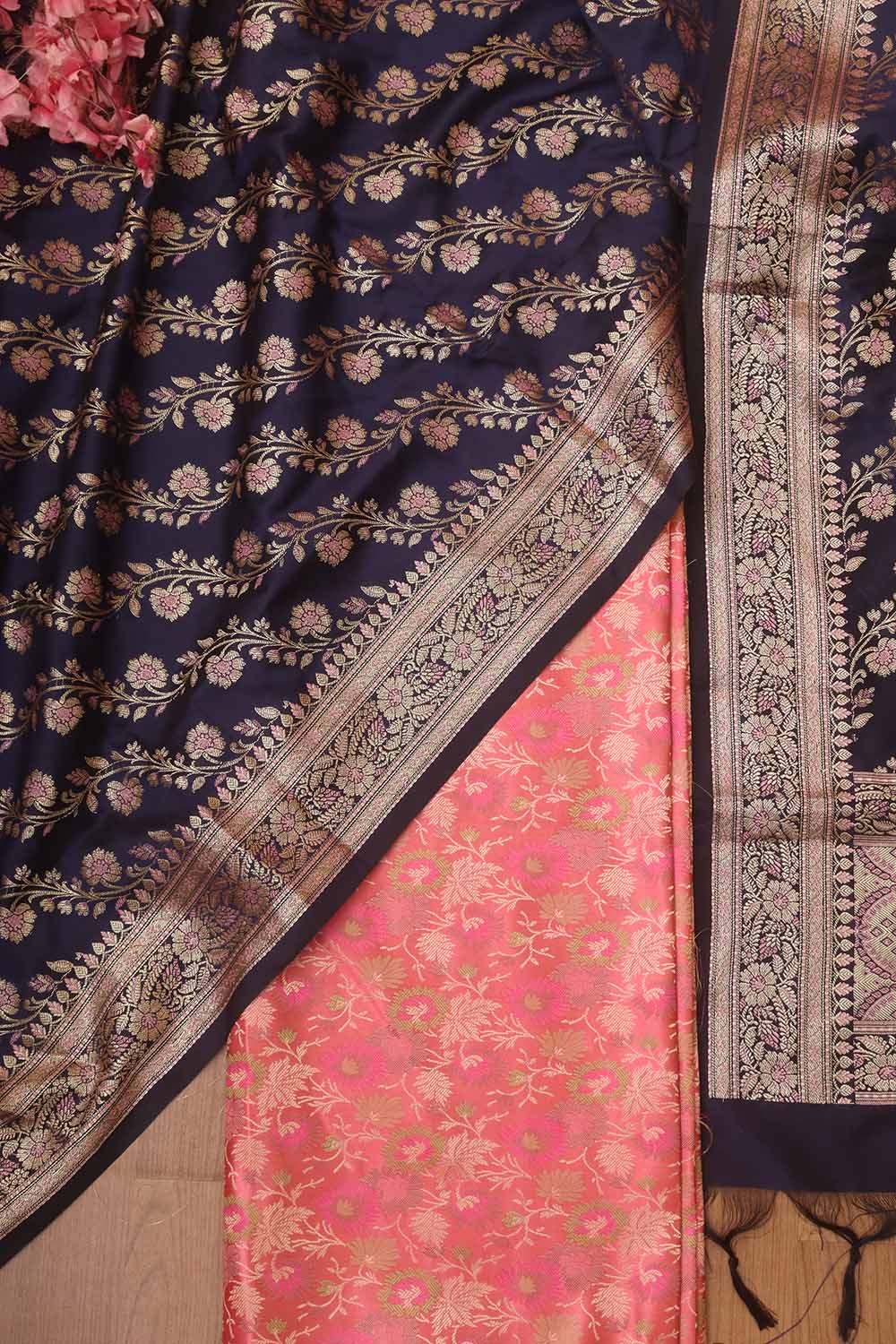 Pink Banarasi Silk Tanchui Jamawar Suit With Blue Banarasi Silk Meenakari Dupatta - Luxurion World