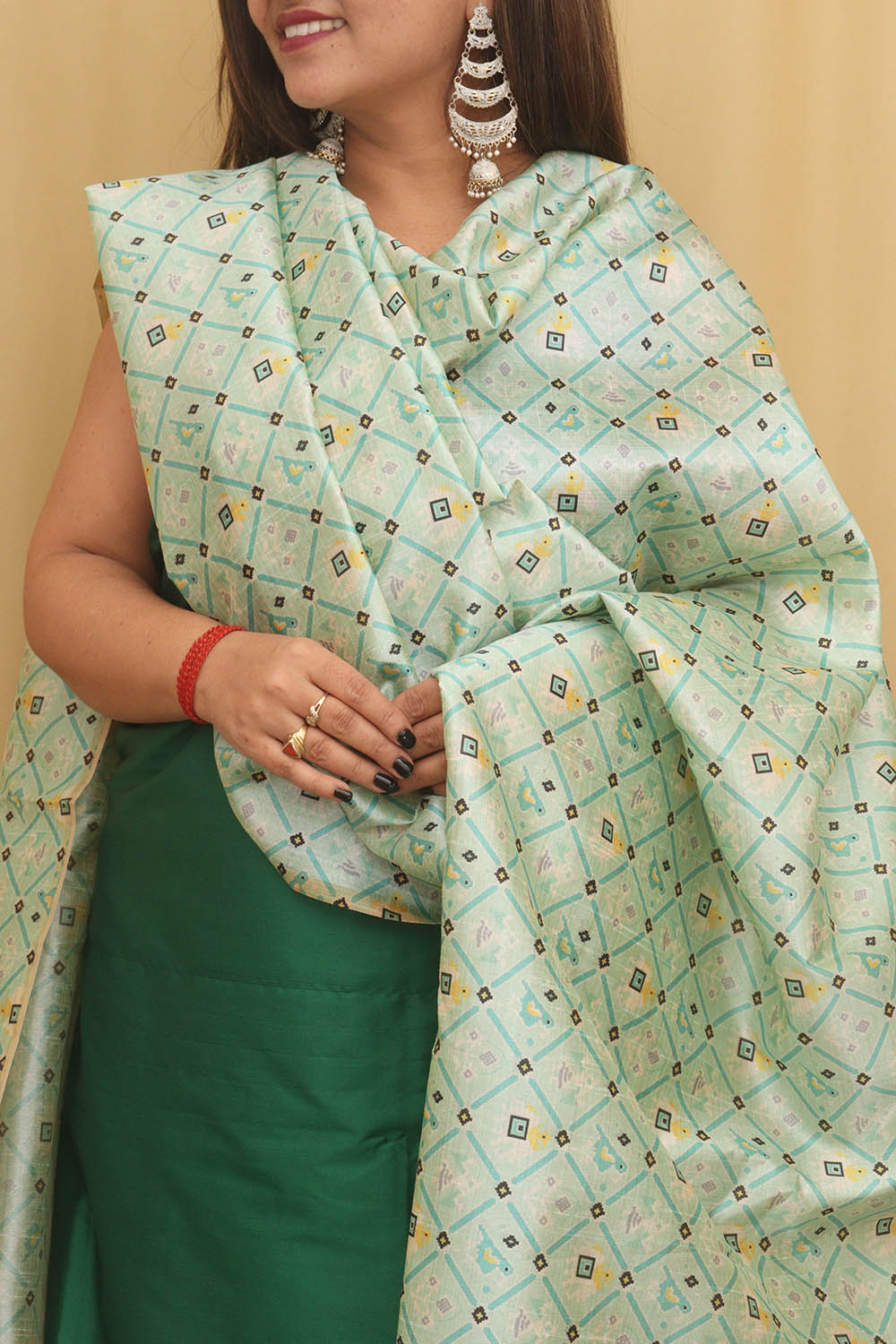 Green Plain Silk Suit With Digital Printed Patola Design Tussar Silk Dupatta - Luxurion World