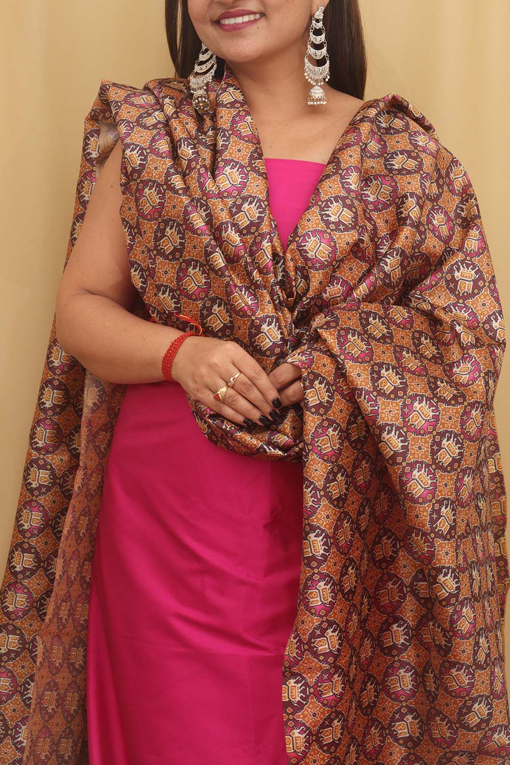 Pink Plain Silk Suit With Digital Printed Patola Design Tussar Silk Dupatta - Luxurion World