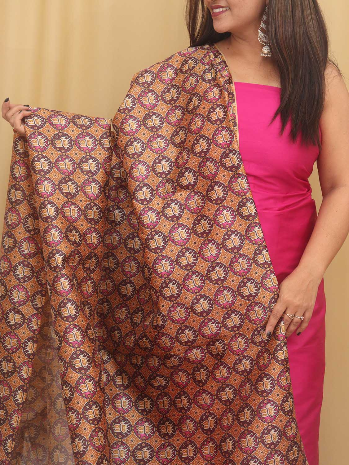 Pink Plain Silk Suit With Digital Printed Patola Design Tussar Silk Dupatta - Luxurion World