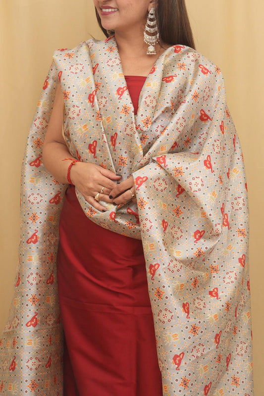 Maroon Plain Silk Suit With Digital Printed Patola Design Tussar Silk Dupatta - Luxurion World