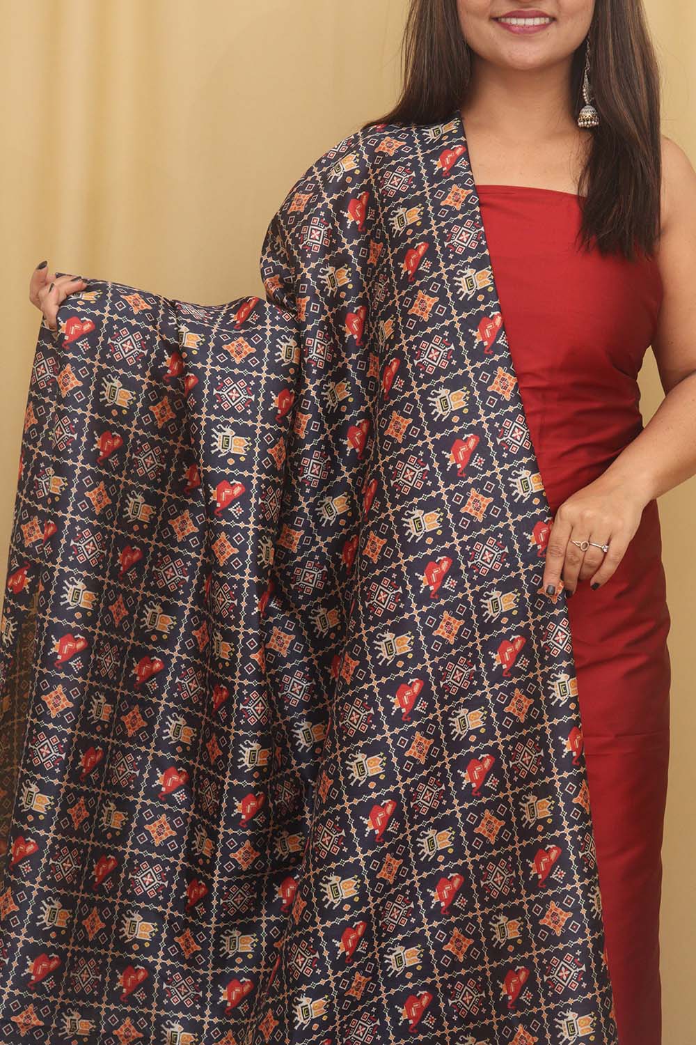 Maroon Plain Silk Suit With Digital Printed Patola Design Tussar Silk Dupatta - Luxurion World