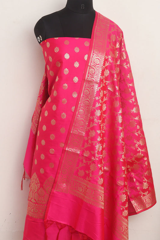 Pink Banarasi Silk Three Piece Unstitched Suit Set
