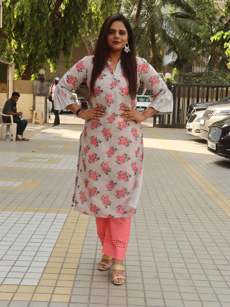 Grey Floral Organza Stitched Kurta - Luxurion World
