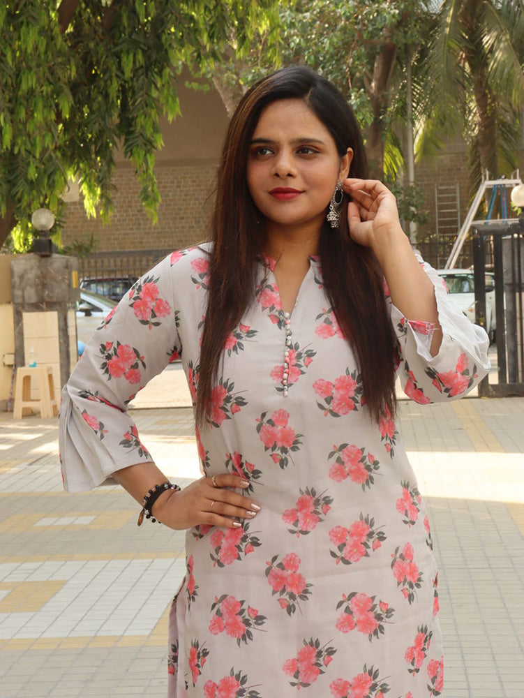 Grey Floral Organza Stitched Kurta - Luxurion World