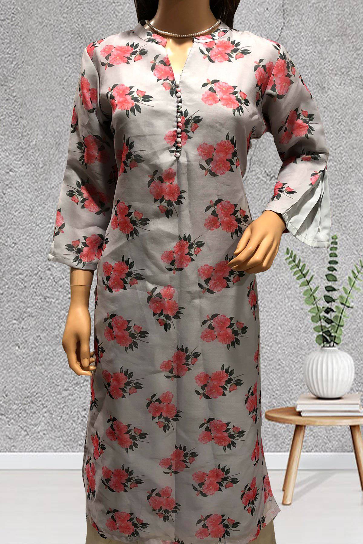 Grey Floral Organza Stitched Kurta - Luxurion World