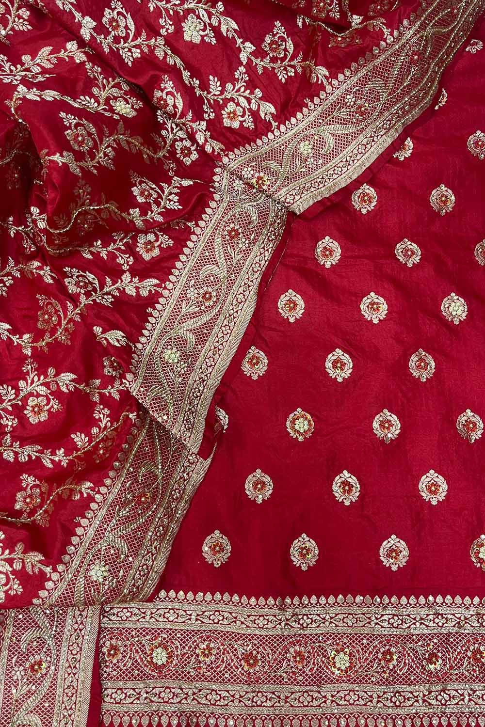 Red Banarasi Handloom Pure Katan Silk Three Piece Unstitched Suit Set - Luxurion World